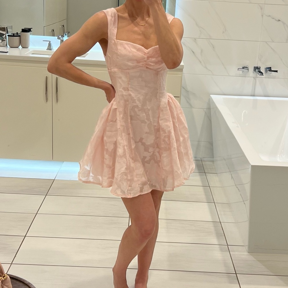 Light Pink Fit-and-Flare Mini Dress with subtle floral detail size small